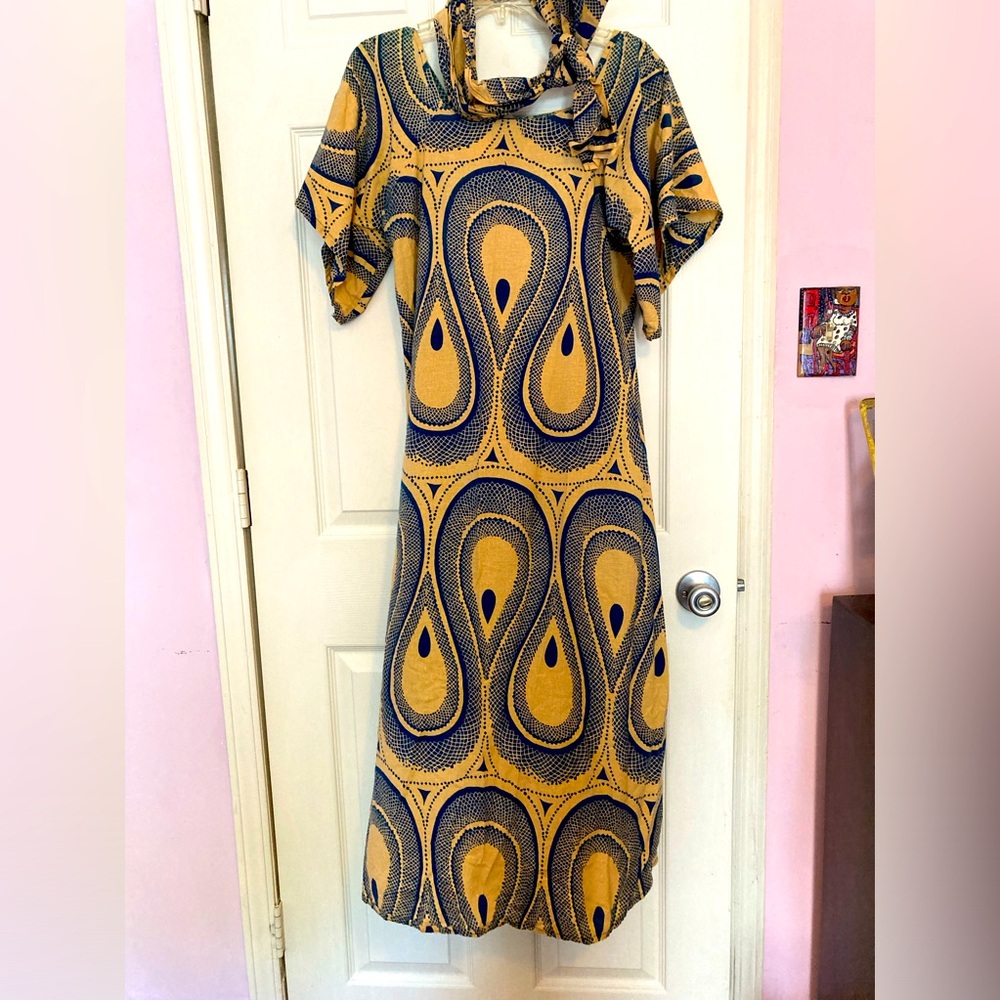Tan and blue African print long dress